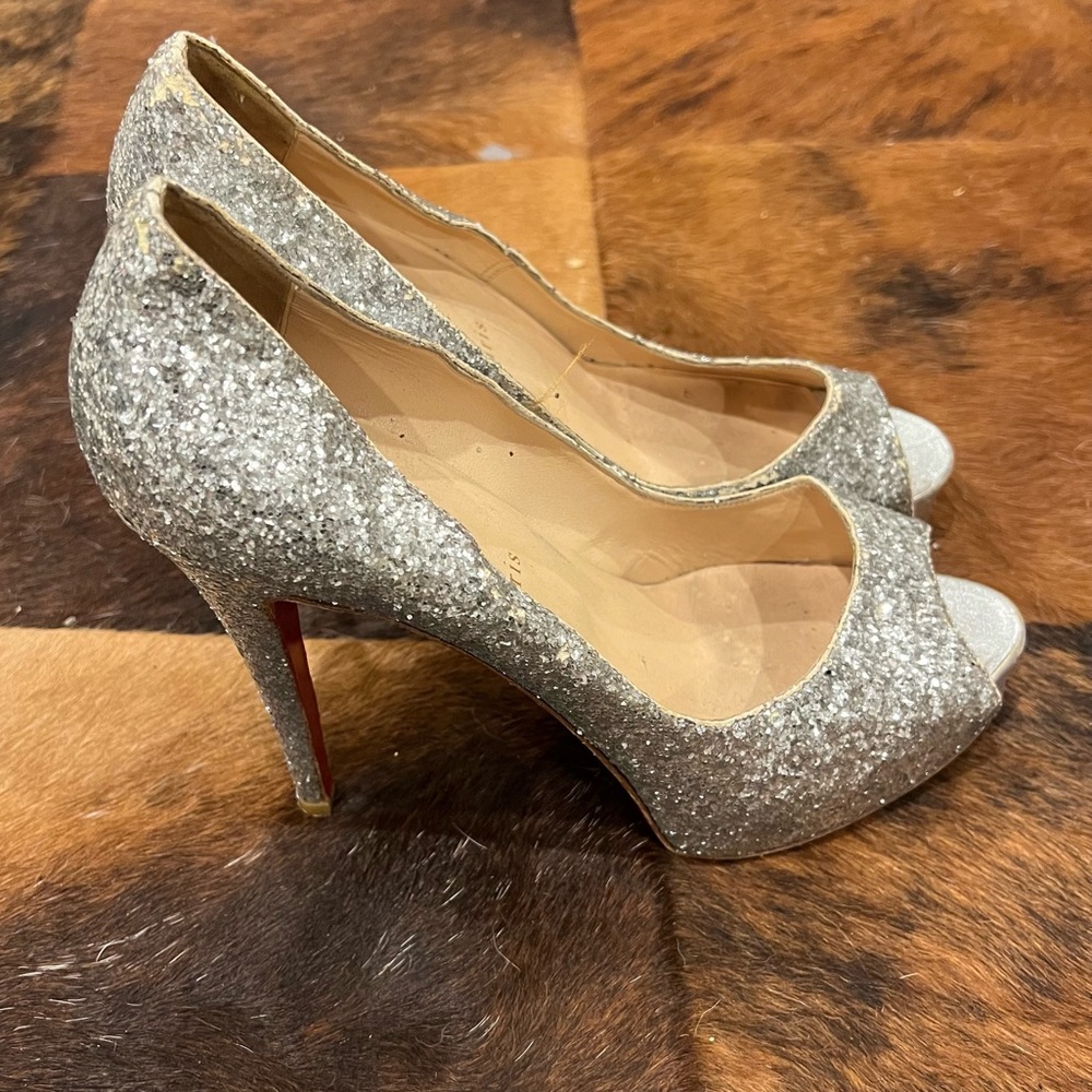 Christian Louboutin Silver Glitter Peep Toe Platform Heels